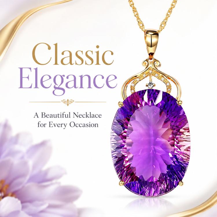 Classic amethyst pendant necklace with large oval purple gemstone and small diamond-like accents