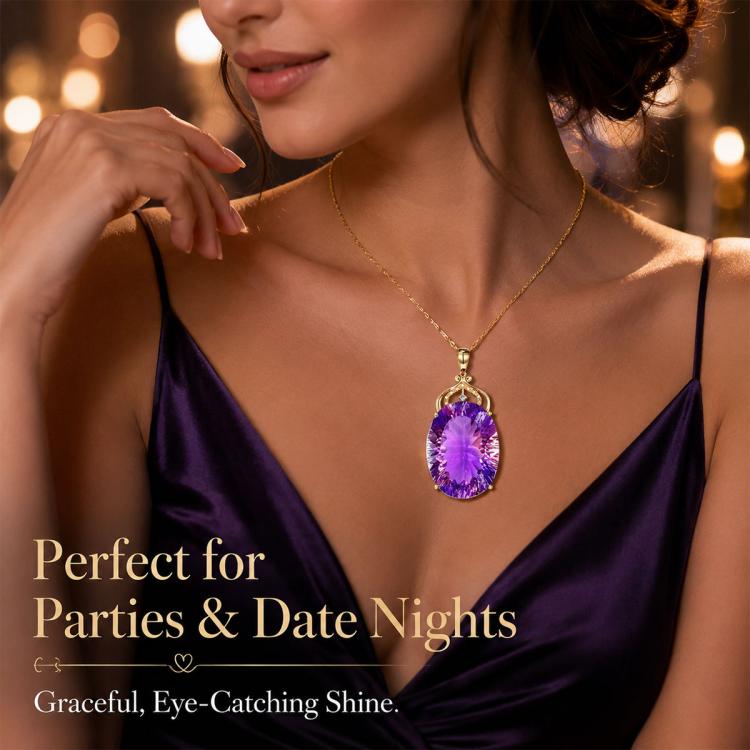 Amethyst pendant necklace with oval purple gemstone pendant on a delicate gold chain