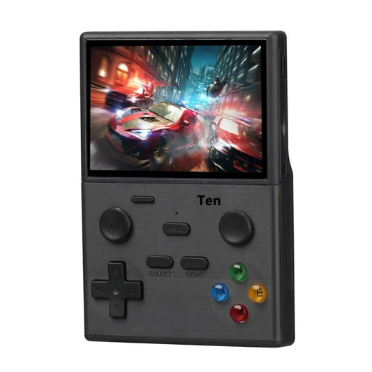 Black handheld retro game console with 3.5-inch screen and D-pad, ABXY buttons
