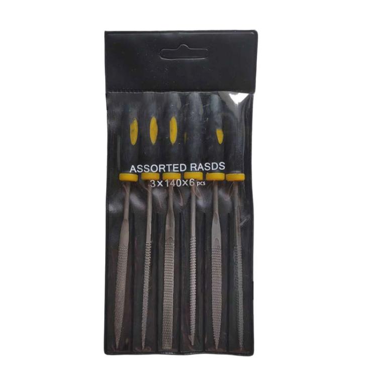 6-piece assorted wood rasp file set in clear plastic pouch with black storage cover