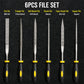 Six woodworking file rasps with black handles and yellow grips, varied profiles