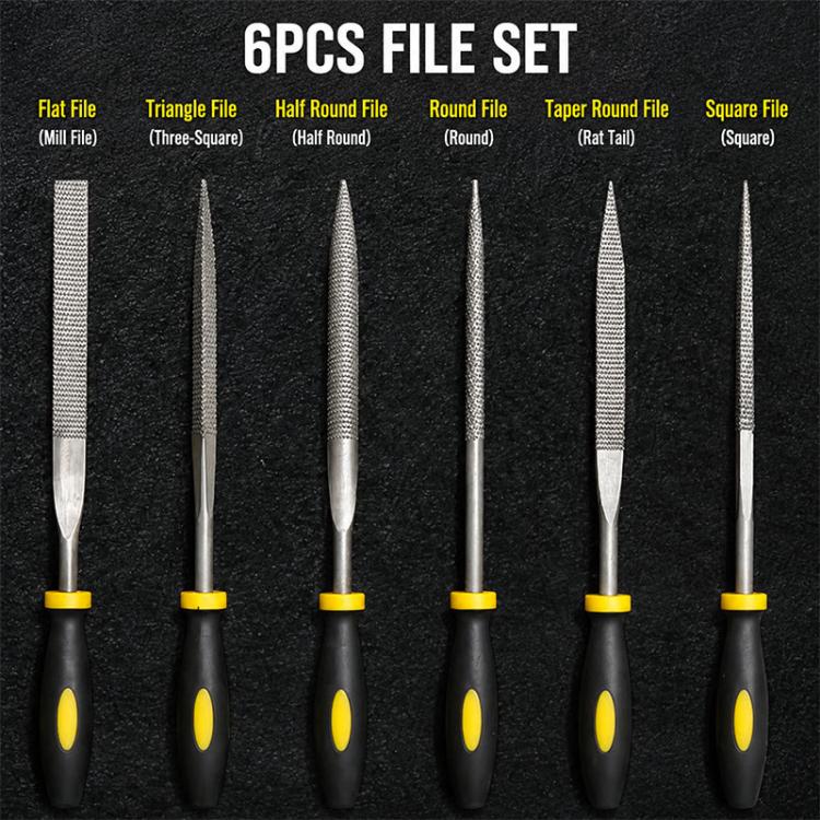 Six woodworking file rasps with black handles and yellow grips, varied profiles