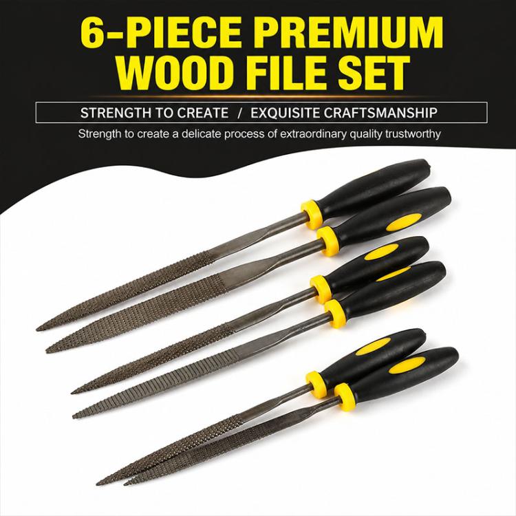 6-piece wood file rasp set with textured metal blades and black handles