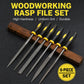 Woodworking rasp file set, six metal rasps with black handles and yellow-ring tips