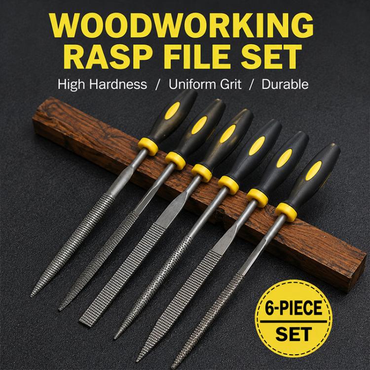 Woodworking rasp file set, six metal rasps with black handles and yellow-ring tips