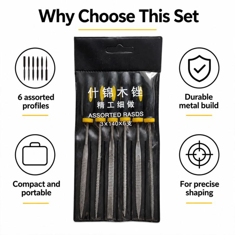 6 assorted rasp files in black storage pouch, compact set for precise shaping