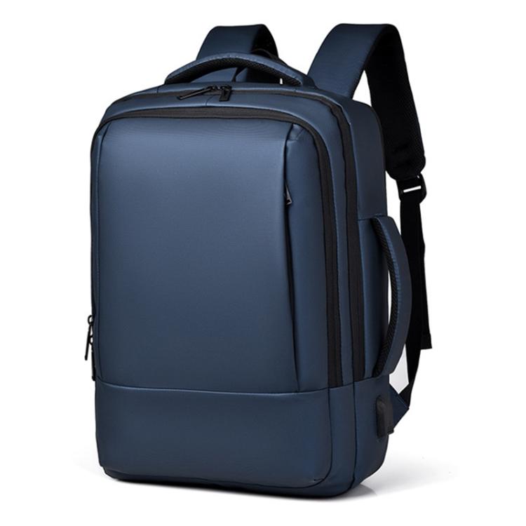 Blue waterproof laptop backpack with padded front panel and adjustable shoulder straps