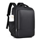 Black laptop backpack with front zipper and external pocket, adjustable shoulder straps