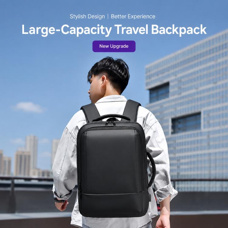 Black large-capacity laptop backpack with padded back panel and front zip pocket