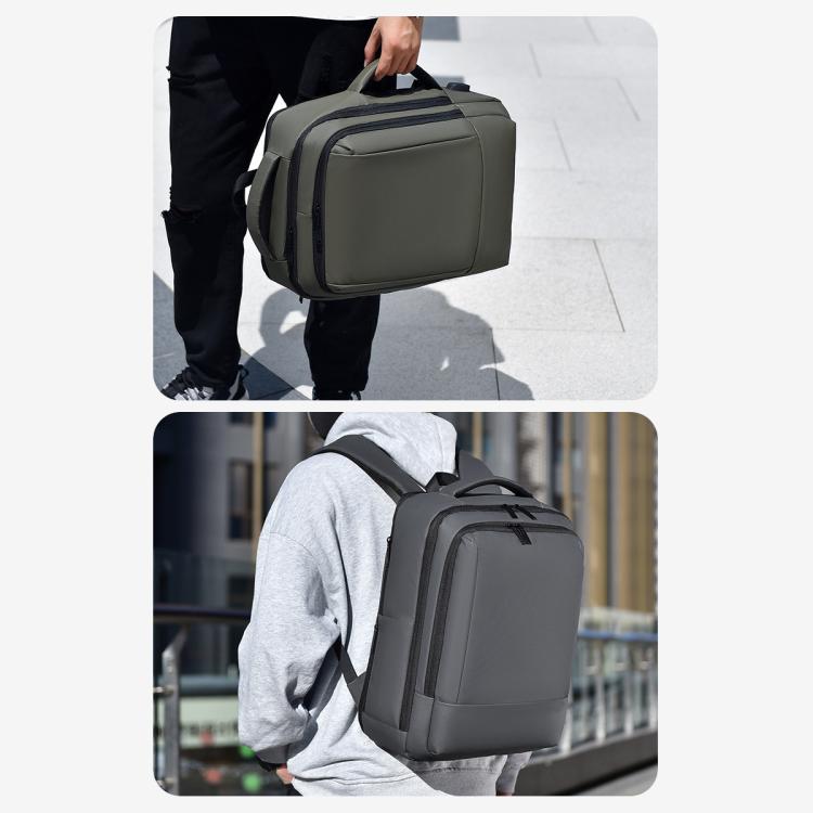 OUMANTU gray laptop backpack worn on back, front pocket and top handle visible