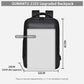 Black laptop backpack with wide front pocket and top handle; structured padded design
