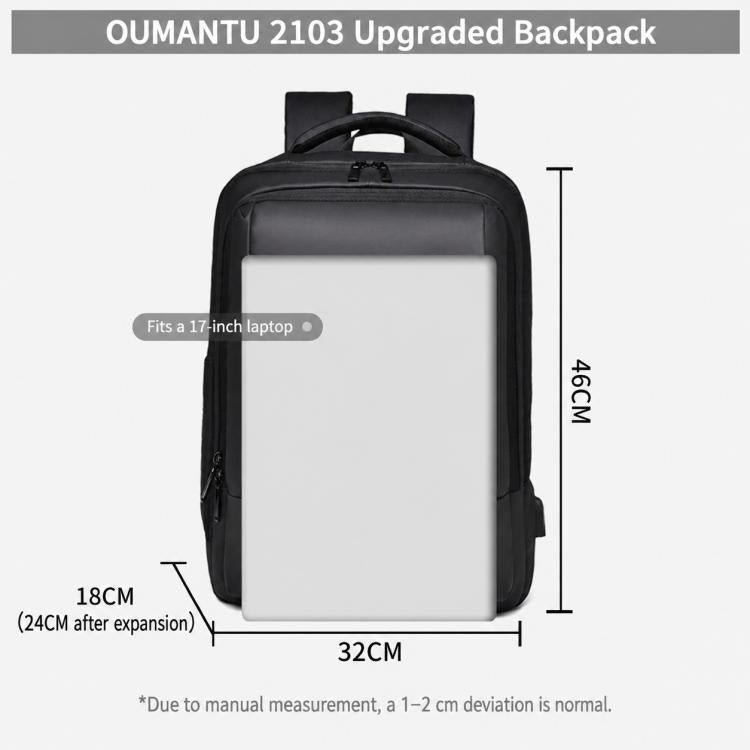 Black laptop backpack with wide front pocket and top handle; structured padded design