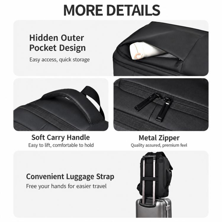 Black laptop backpack close-up with hidden outer pocket and metal zipper pull