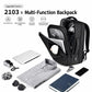 Black multifunction backpack with open interior showing compartments and laptop sleeve