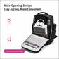 Black laptop backpack with wide-opening design and cushioned interior storage pockets