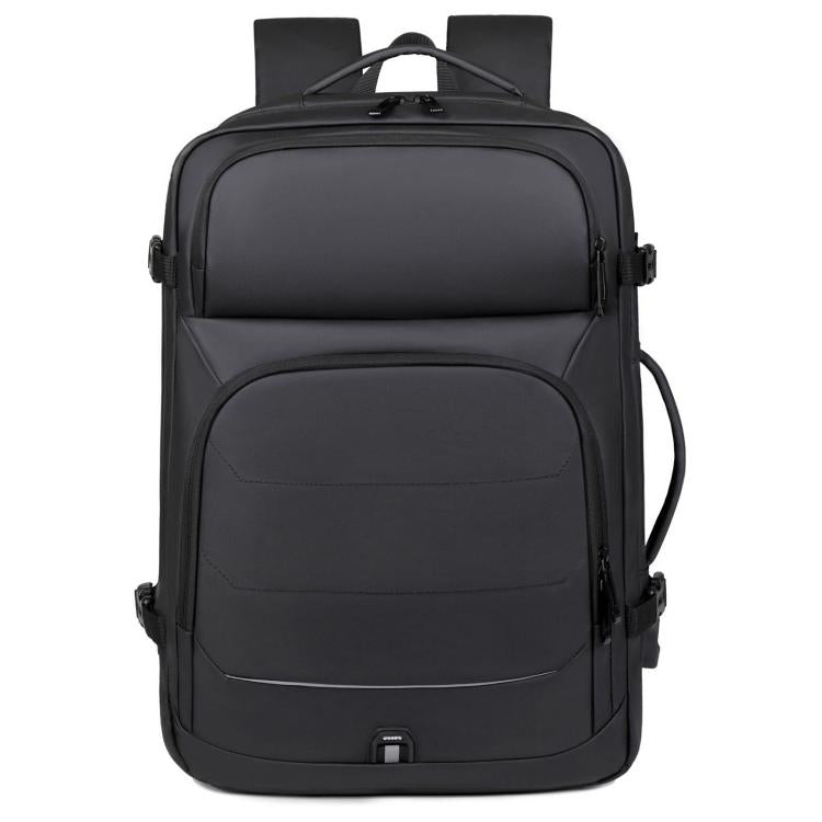 Black front view laptop backpack with top handle, double zippers, and side attachment loops