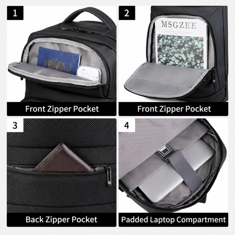 Black waterproof business backpack with front zip pocket and top handle