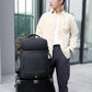 Black business backpack worn by a man, front panel and side straps visible
