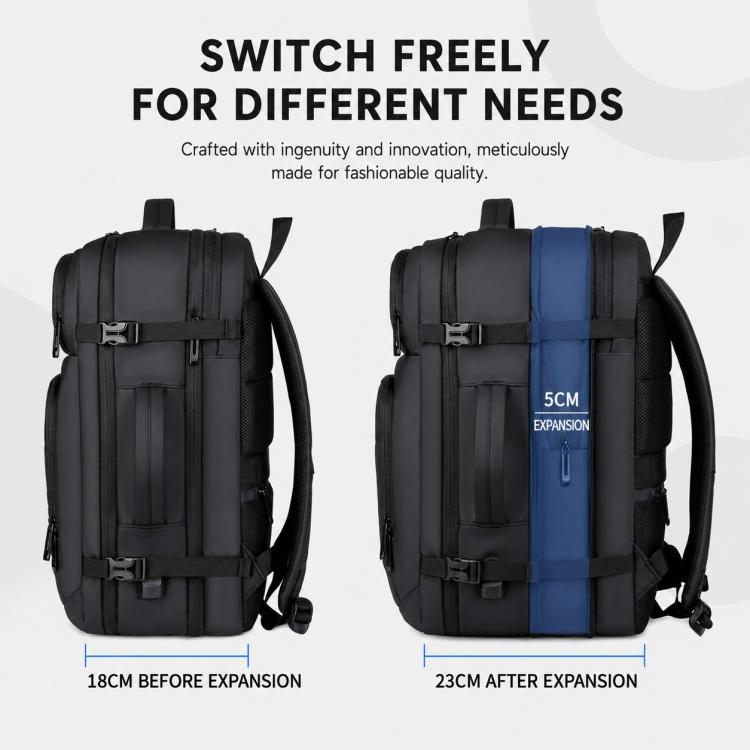 Black backpack with expandable design: 18cm before and 23cm after expansion