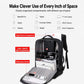 Black backpack open showing organized compartments for laptop, tablet, and accessories