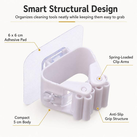 White mop and broom wall clip holder with spring-loaded arms and anti-slip grip