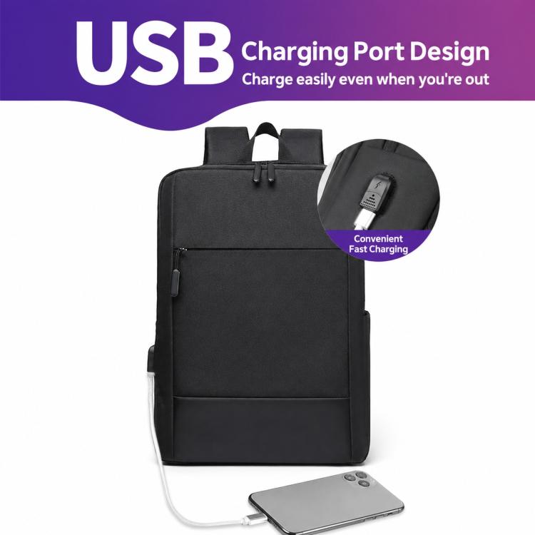 Black business laptop backpack with front zip pocket, top handle, and USB charging port