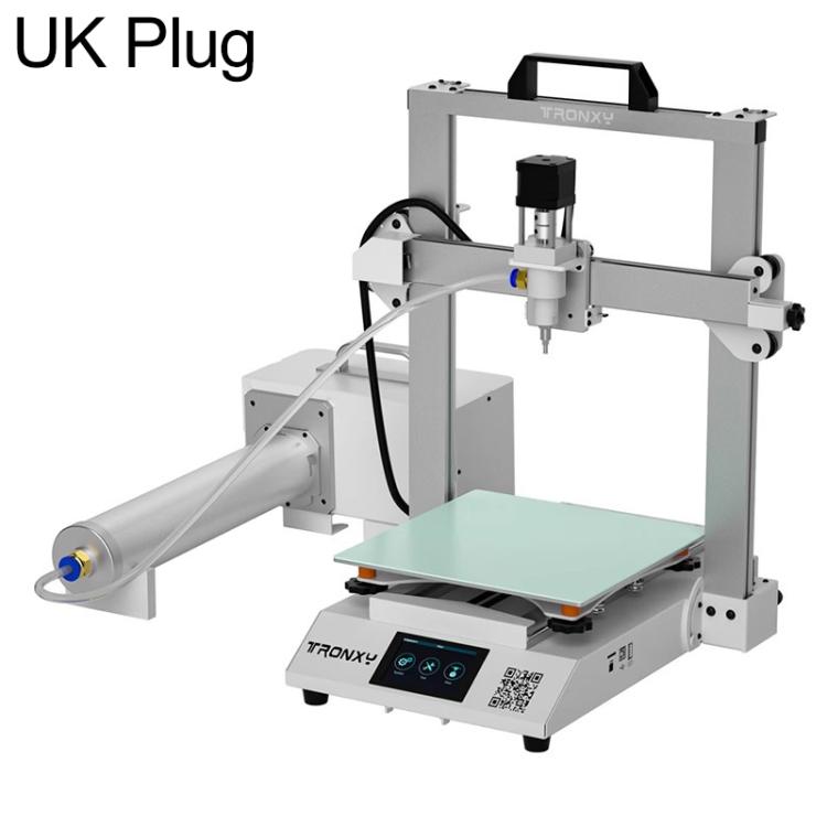 Ceramic 3D printer with UK power plug, green build plate, mounted gantry and nozzle