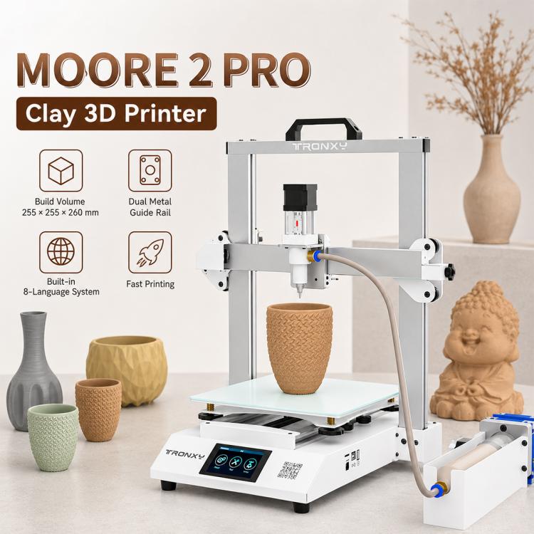 Ceramic 3D printer with clay model on mint plate and side extruder on stand