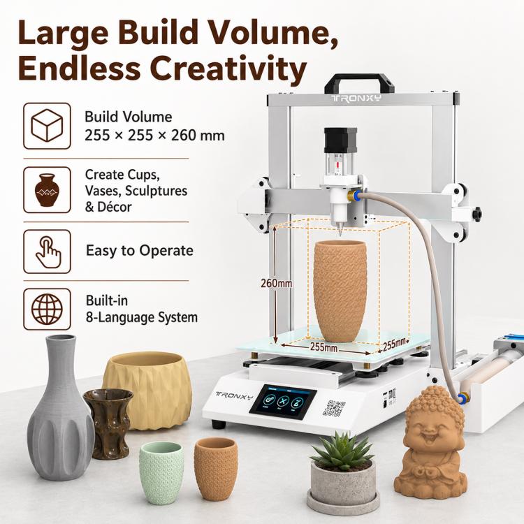 Ceramic 3D printer with large build volume diagram and display of ceramic vases