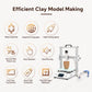 Ceramic 3D printer with clay cup on build plate, surrounded by feature icons