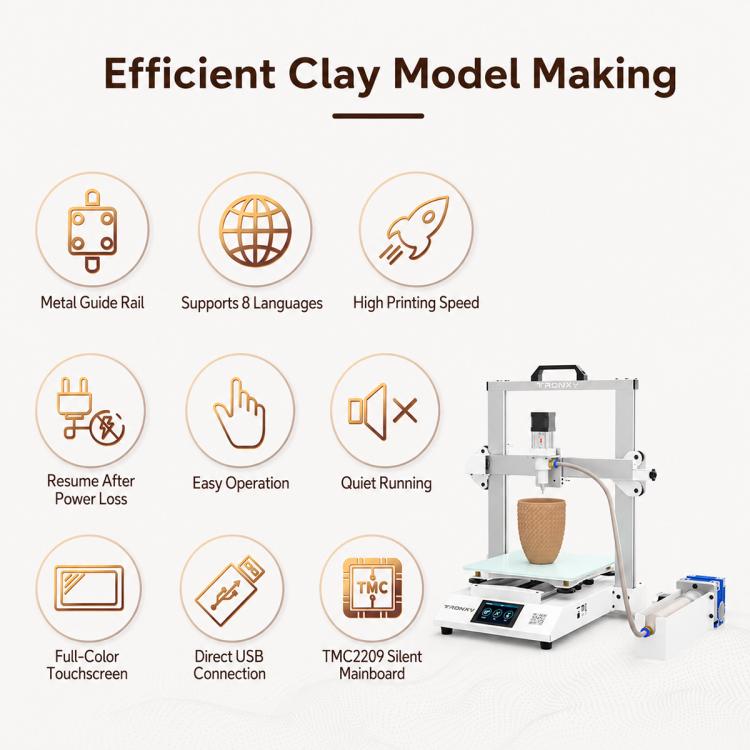 Ceramic 3D printer with clay cup on build plate, surrounded by feature icons