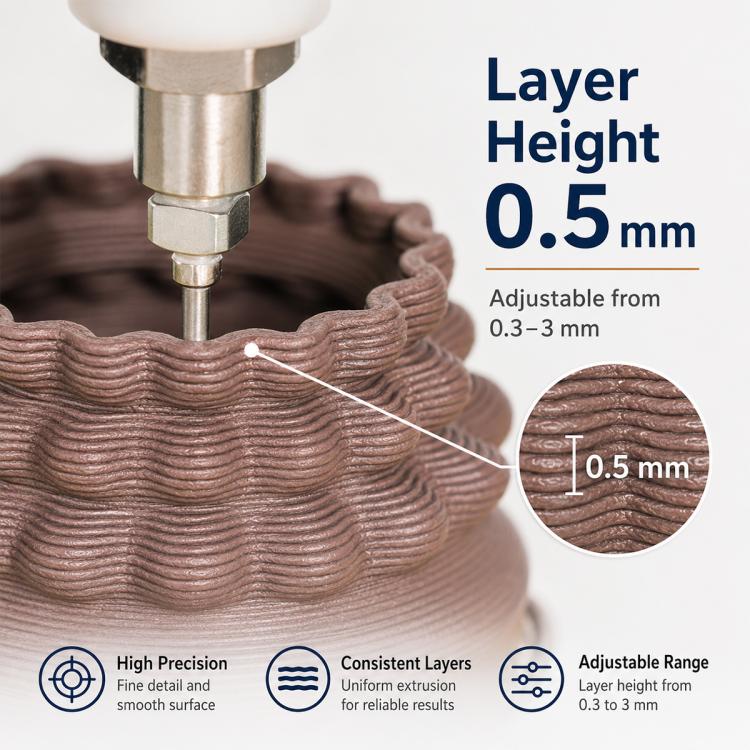 3D printer nozzle depositing clay on ridged surface, layer height 0.5 mm