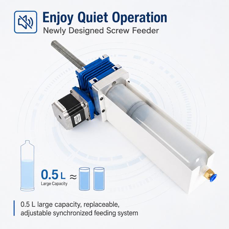 Blue screw feeder module with metal auger and white cylindrical housing