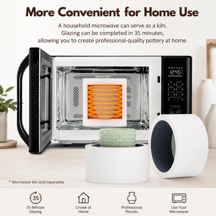 Home countertop microwave with ceramic bowls and open oven door
