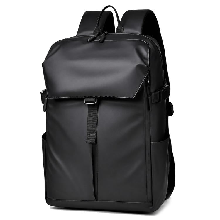 Black waterproof large-capacity backpack with top handle, front flap, and side straps