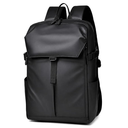 Black waterproof large-capacity backpack with top handle, front flap, and side straps
