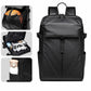 Black waterproof backpack front view with flap pocket, buckles, and double zipper