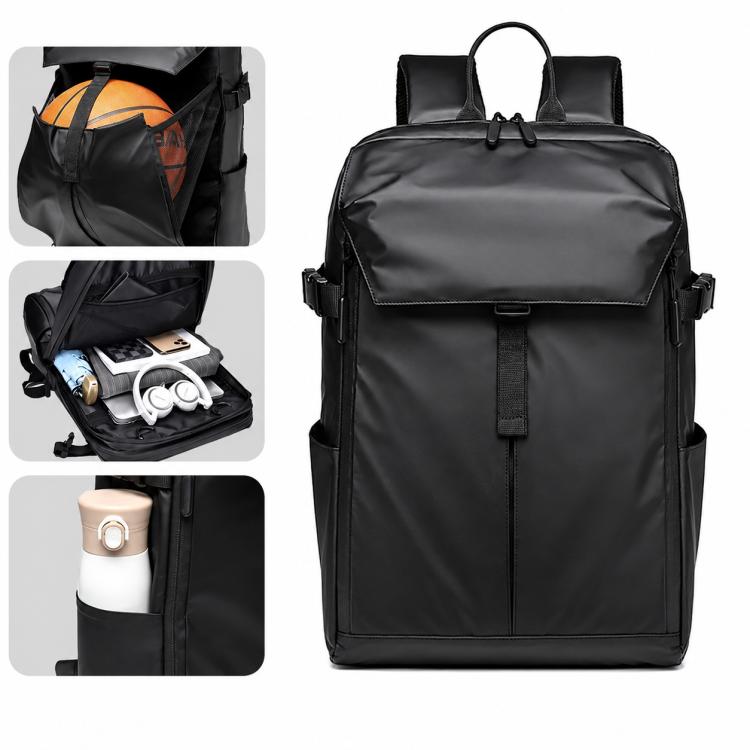 Black waterproof backpack front view with flap pocket, buckles, and double zipper