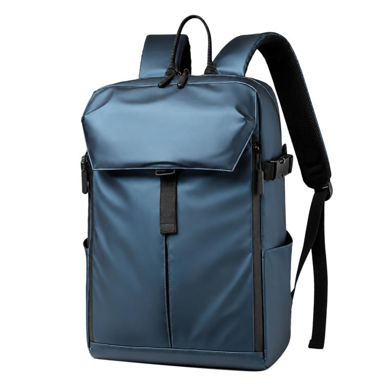 Blue waterproof backpack with front flap pocket and adjustable shoulder strap