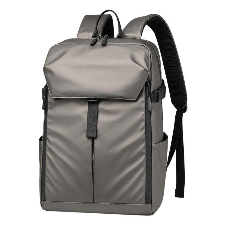 Gray waterproof backpack with top handle, front flap pocket, and adjustable shoulder strap