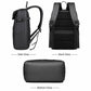 Black waterproof backpack showing side, back, and bottom views with shoulder straps