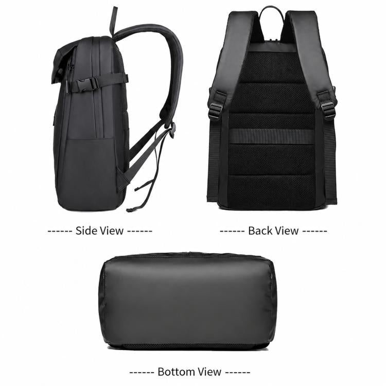 Black waterproof backpack showing side, back, and bottom views with shoulder straps