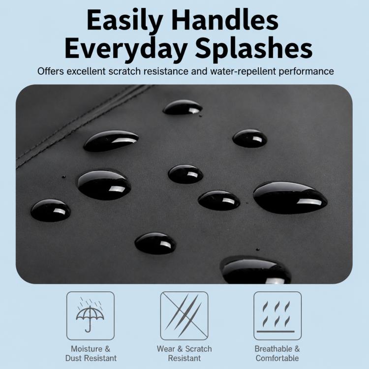 Waterproof backpack material close-up with water-repellent droplets on black surface