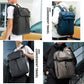 Waterproof casual backpack shown in black, blue, and gray with front zipper pockets