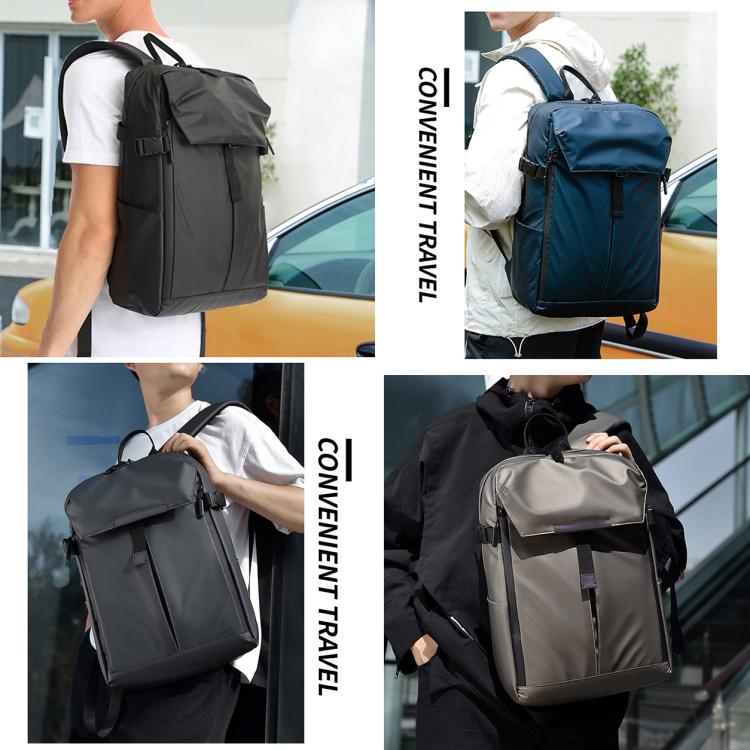 Waterproof casual backpack shown in black, blue, and gray with front zipper pockets