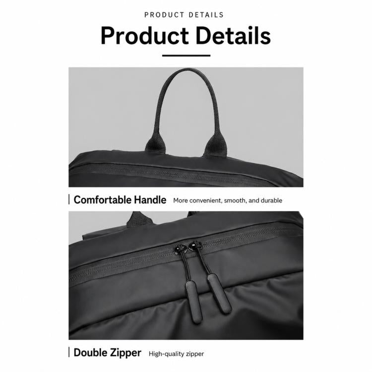 Black waterproof backpack with comfortable carry handle and double-zip front pocket