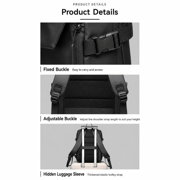 Black waterproof backpack with fixed buckles, adjustable straps, and hidden luggage sleeve