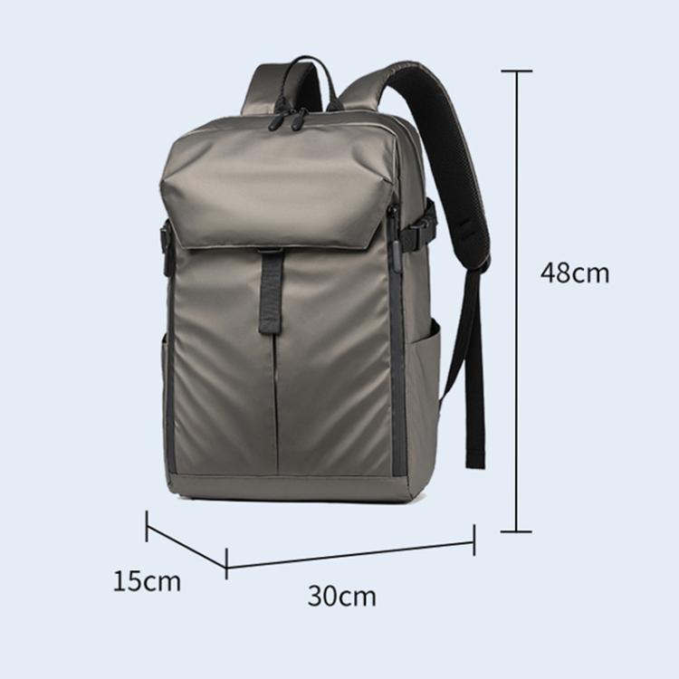 Gray waterproof backpack with front flap pocket, side strap, and size 30cm x 48cm