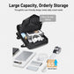 Black waterproof backpack with open main compartment storing devices and accessories