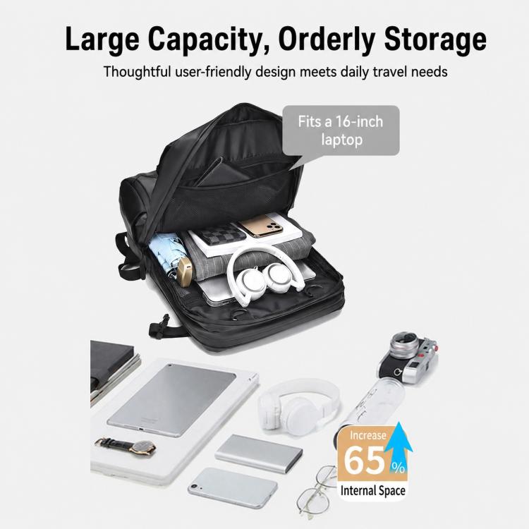 Black waterproof backpack with open main compartment storing devices and accessories